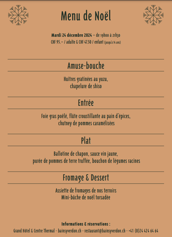 Menu de Noël à l'Hôtel des Bains d'Yverdon